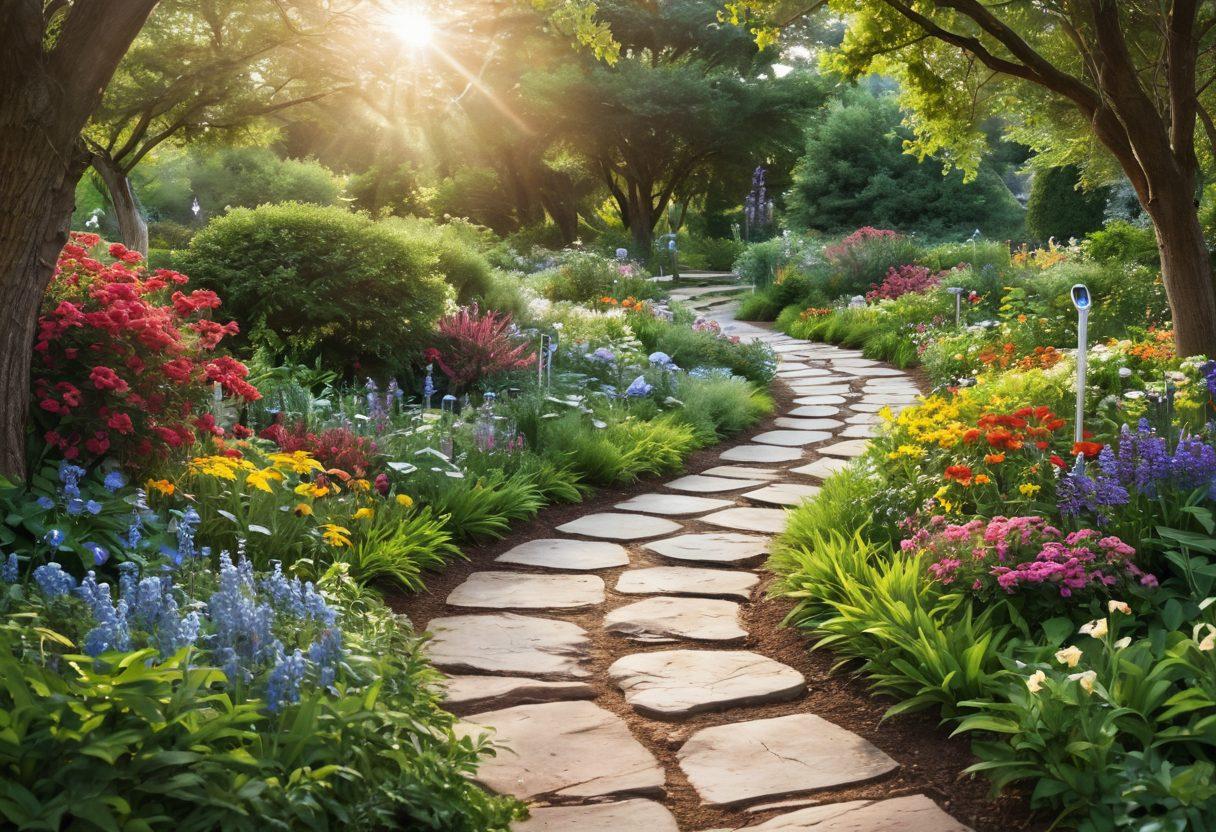 A serene landscape illustrating a journey from darkness to light, with a path winding through a lush garden symbolizing healing, featuring diverse individuals of varying ages engaged in supportive activities. Incorporate elements of medical symbols subtly integrated into the natural environment, such as stethoscopes growing like flowers. Emphasize hope, community, and resilience through bright, uplifting colors. super-realistic. vibrant colors. peaceful atmosphere.