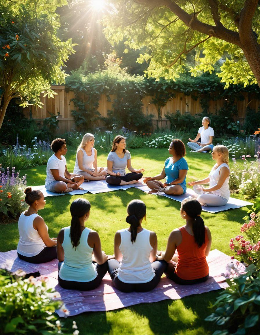 A serene scene depicting a diverse group of people engaging in various supportive activities such as group discussions, yoga, and sharing stories in a sunlit garden. Include symbols of hope like butterflies and blooming flowers, emphasizing community support and empowerment. The setting should evoke warmth, compassion, and inclusivity. super-realistic. vibrant colors. soft focus.